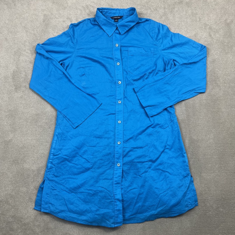 Lands End Women M 10-12 Blue Cotton Button Down Tunic Shirt Roll Tab Sleeve Long